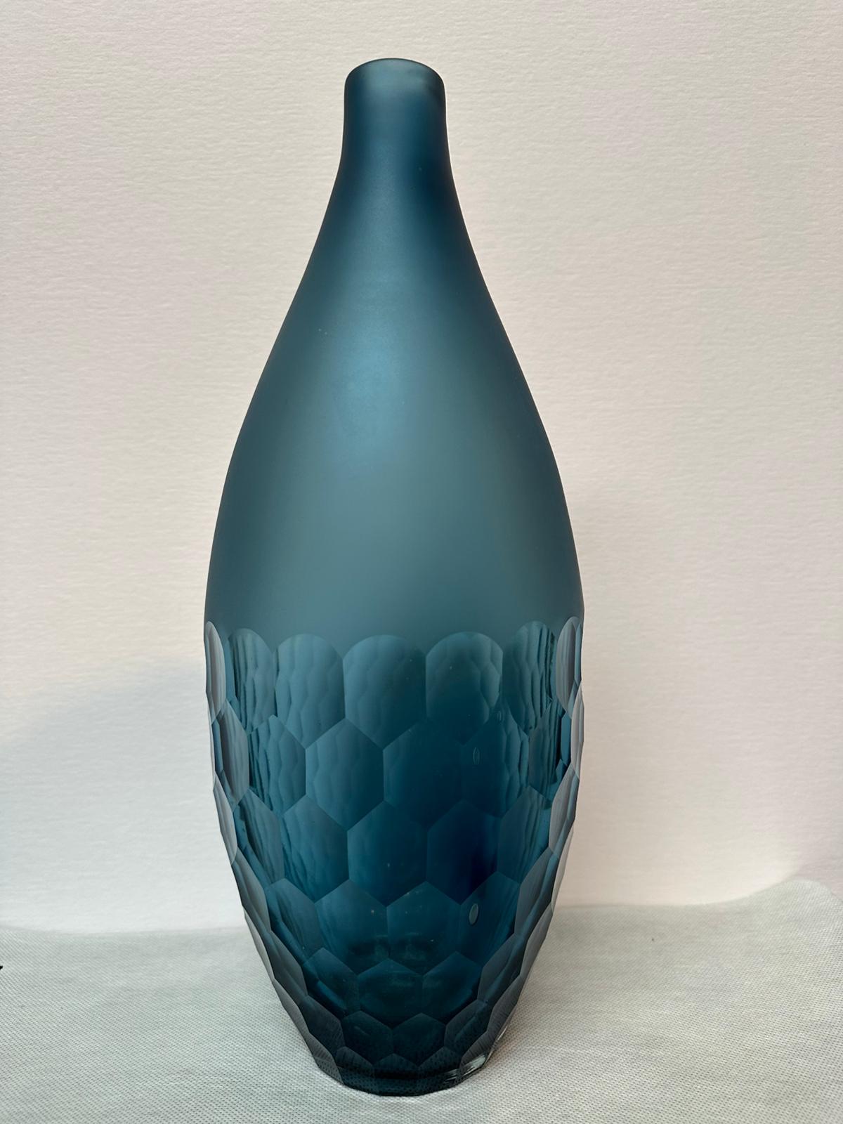 Frosted Teal Honeycomb Art Glass Vase