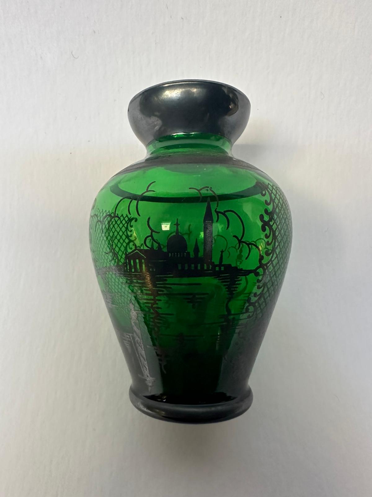 Vintage Green Etched Glass Vase